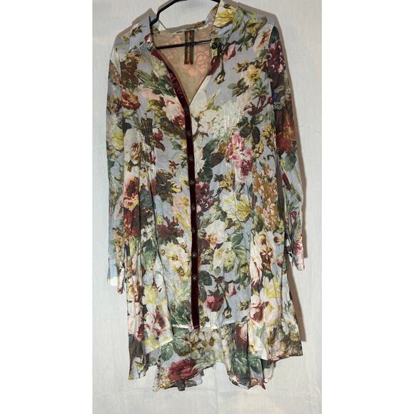 ARATTA SILENT JOURNEY Floral Silk Blend Flowy Tunic Shirt Dress L Velvet Flocked - Picture 1 of 5